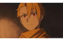 The character Yuru from Daemons from the Shadow Realm has orange hair and intense red eyes, wearing a yellow scarf. The dim background suggests a serious, tense mood.