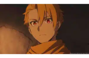 The character Yuru from Daemons from the Shadow Realm has orange hair and intense red eyes, wearing a yellow scarf. The dim background suggests a serious, tense mood.