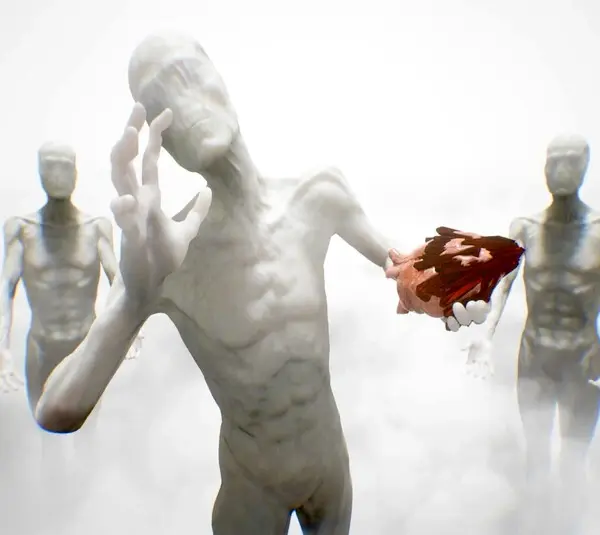 Three abstract, faceless humanoid figures stand amidst a cloudy, ethereal background. The central figure holds a dark, textured object, conveying a surreal tone. Sleep Awake