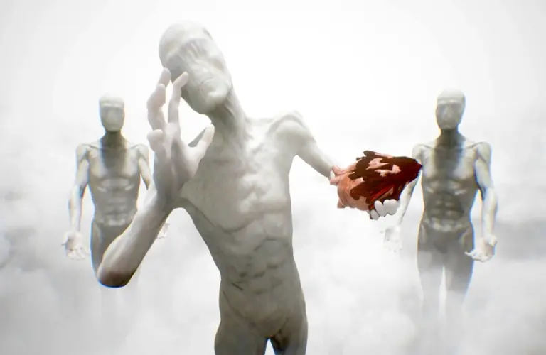 Three abstract, faceless humanoid figures stand amidst a cloudy, ethereal background. The central figure holds a dark, textured object, conveying a surreal tone. Sleep Awake