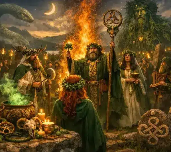 St. Patrick's Day Pagan depiction of druidic celebration with serpents, the green man, and Irish lore