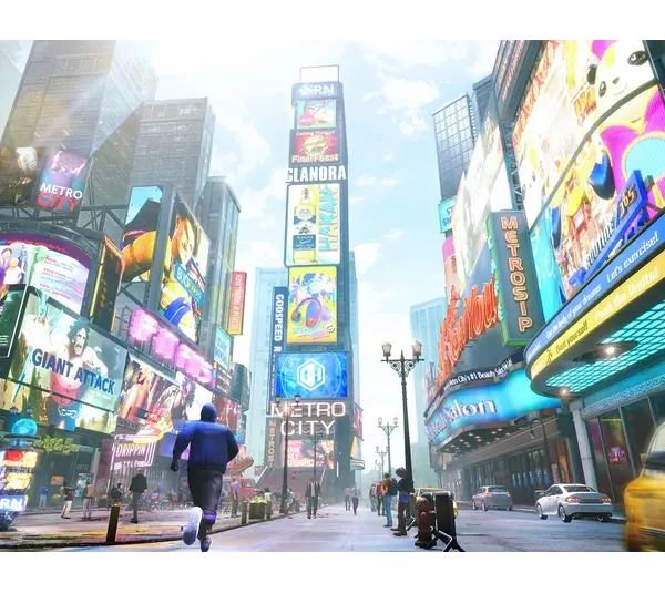 A vibrant city scene with skyscrapers adorned in colorful billboards and neon lights. People walk the streets, and a yellow taxi is in motion, conveying energy. Street Fighter 6