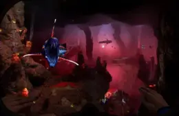 A vibrant underwater scene with bioluminescent sea creatures, glowing coral, and deep red hues. A diver's hands frame the view, conveying exploration. Subnautica 2, Krafton