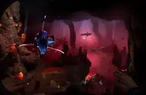 A vibrant underwater scene with bioluminescent sea creatures, glowing coral, and deep red hues. A diver's hands frame the view, conveying exploration. Subnautica 2, Krafton