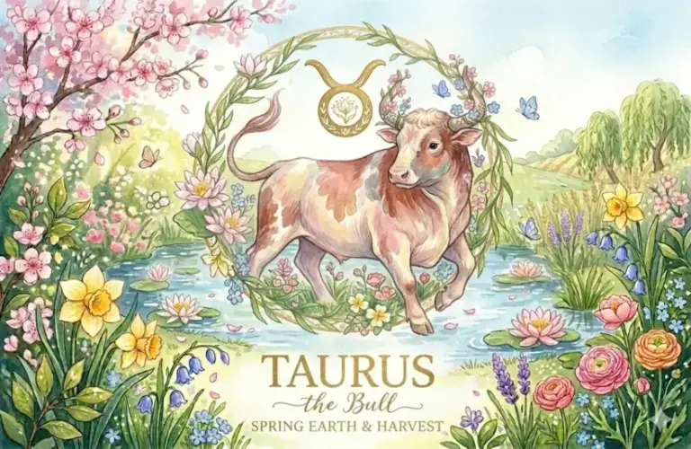Image representing the astrology sign Taurus in a spring background surrounded by flowers