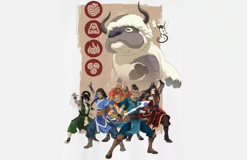 Adult Team Avatar featuring Aang, Katara, Toph, Sokka, Zuko, Appa, and Momo