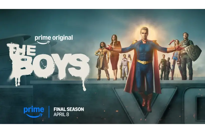 Poster for the final season of "The Boys" on Prime Video, showing a superhero in a blue suit with others behind him, all standing on a rooftop. Text reads "The Boys" and "Final Season April 8."