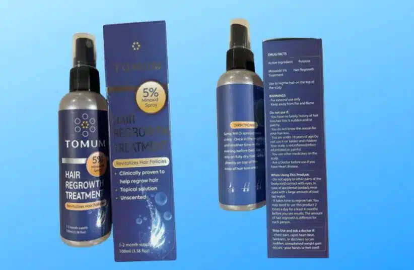 Images of Tomum Hair Regrowth Treatment with Minoxidil for Men and Women on a light blue background