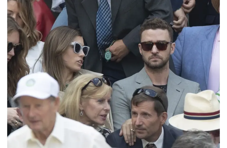 Jul 10, 2018; London, United Kingdom; Justin Timberlake and Jessica Biel in attendance for the Serena Williams (USA) and Camila Giorgi (ITA) match on day eight at All England Lawn and Croquet Club. Mandatory Credit: Susan Mullane-Imagn Images