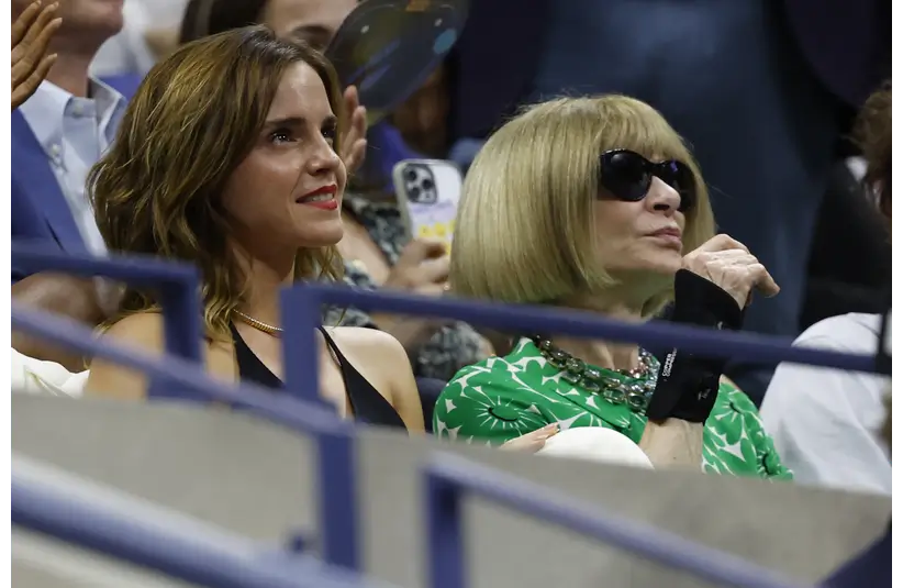 Sep 5, 2023; Flushing, NY, USA; Actress Emma Watson (L) and editor-in-chief of Vogue magazine Anna Wintour (R) look on from the stands during the match between Ben Shelton of the United States and Frances Tiafoe of the United States (both not pictured) on day nine of the 2023 U.S. Open tennis tournament at USTA Billie Jean King National Tennis Center. Mandatory Credit: Geoff Burke-Imagn Images