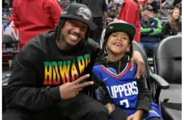 Apr 5, 2024; Los Angeles, California, USA; Comedian and television host Nick Cannon attends the game between the Los Angeles Clippers and the Utah Jazz with his son Golden at Crypto.com Arena. Mandatory Credit: Jayne Kamin-Oncea-Imagn Images