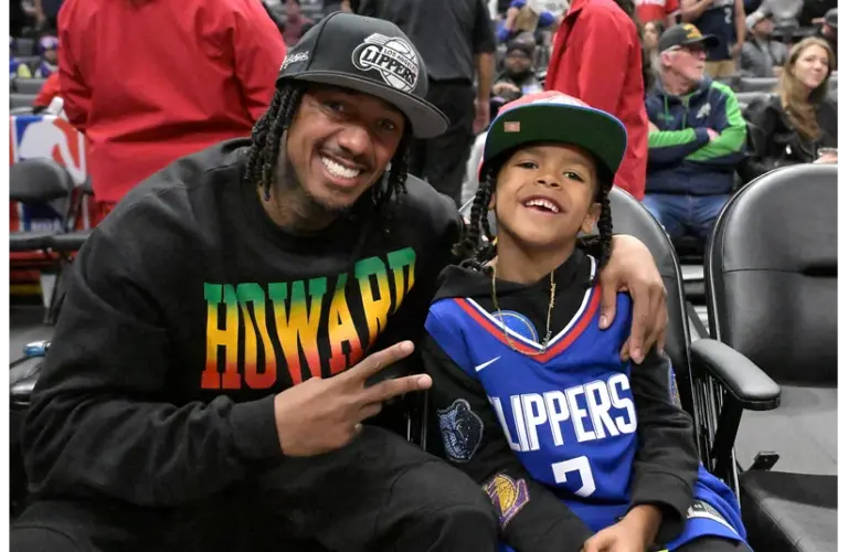 Apr 5, 2024; Los Angeles, California, USA; Comedian and television host Nick Cannon attends the game between the Los Angeles Clippers and the Utah Jazz with his son Golden at Crypto.com Arena. Mandatory Credit: Jayne Kamin-Oncea-Imagn Images