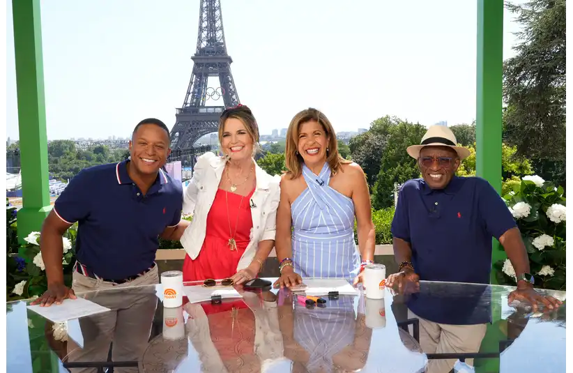 July 30, 2024; Paris, France; Craig Melvin, Savannah Guthrie, Hoda Kotb, and Al Rocker on the set of the Paris live show at the 2024 Paris Olympics. © Sandy Hooper / USA TODAY NETWORK