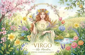 Image representing the astrology sign Virgo in a spring background surrounded by flowers