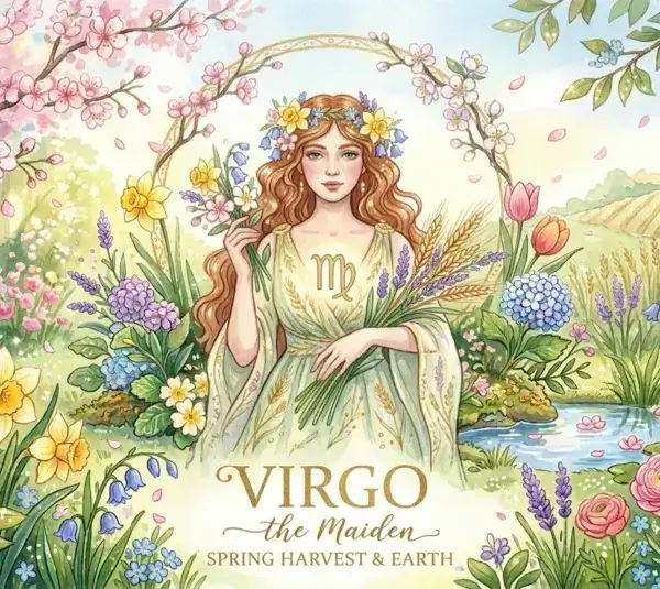 Image representing the astrology sign Virgo in a spring background surrounded by flowers