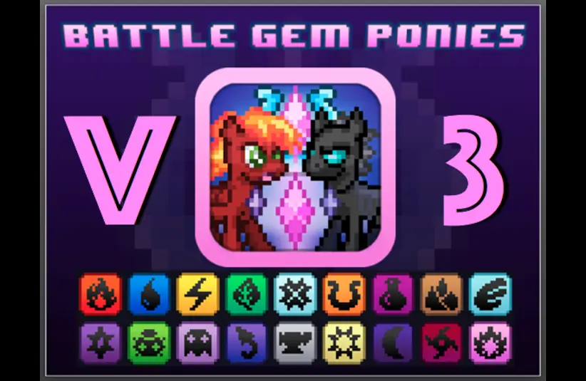 Pixel art of two ponies facing each other, surrounded by colored icons representing different elements. "Battle Gem Ponies V3" is displayed at the top.