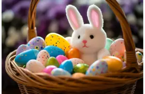 Photo of a wooden Easter basket filled with colorful eggs and a cute stuffed bunny