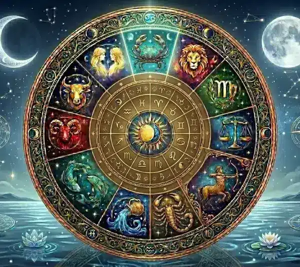 Cancer Zodiac Wheel on ocean waves with crescent and full moon