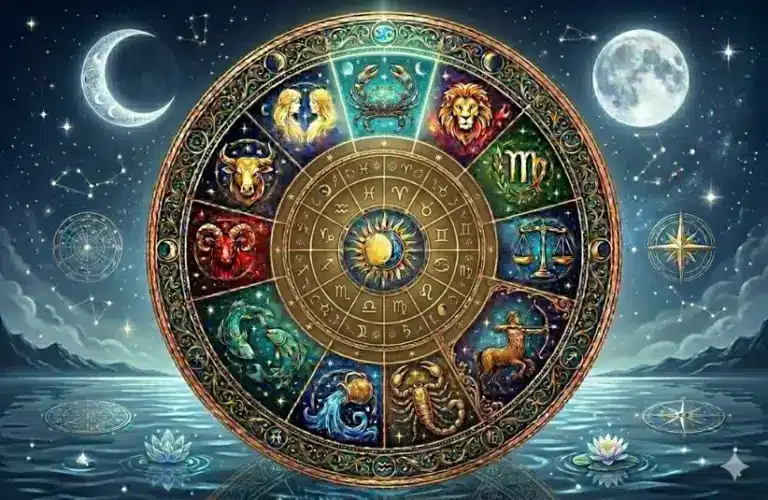 Cancer Zodiac Wheel on ocean waves with crescent and full moon