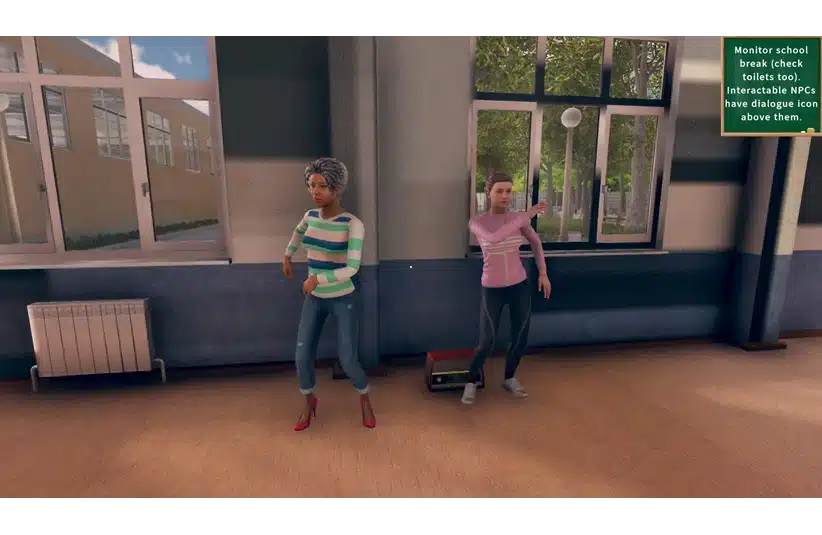 A virtual classroom with two animated characters standing. One wears a striped sweater and jeans; the other, a pink top and leggings. A text box reads, “Monitor school break...” The room is bright with large windows, conveying a casual atmosphere.