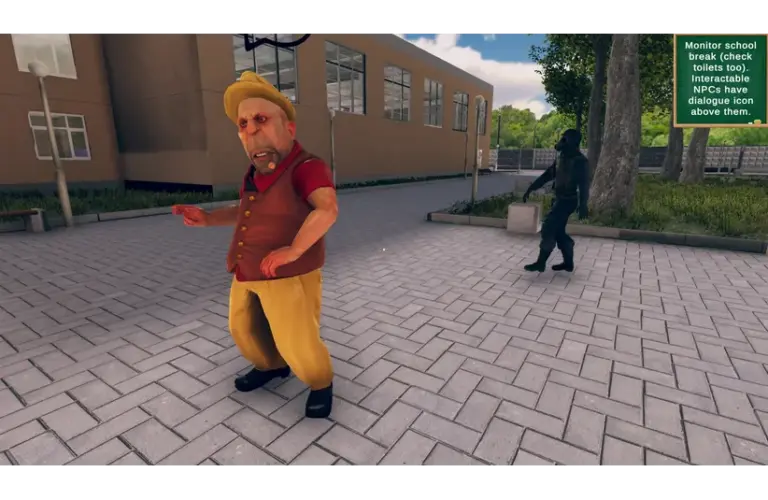 Animated scene of a man from School Teacher Simulation in colorful clothes looking surprised on a school campus. A shadowy figure approaches from behind. Green instructional text is visible.