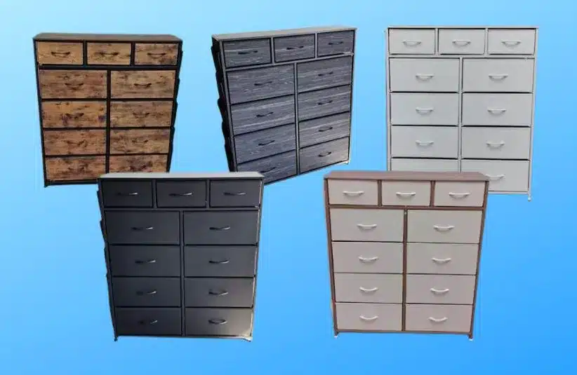 Images of five dressers in various colors on a light blue background