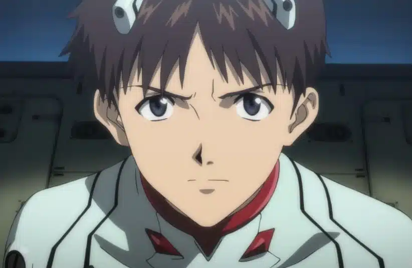 Shinji Ikari in a white uniform suit, looking up in Neon Genesis Evangelion