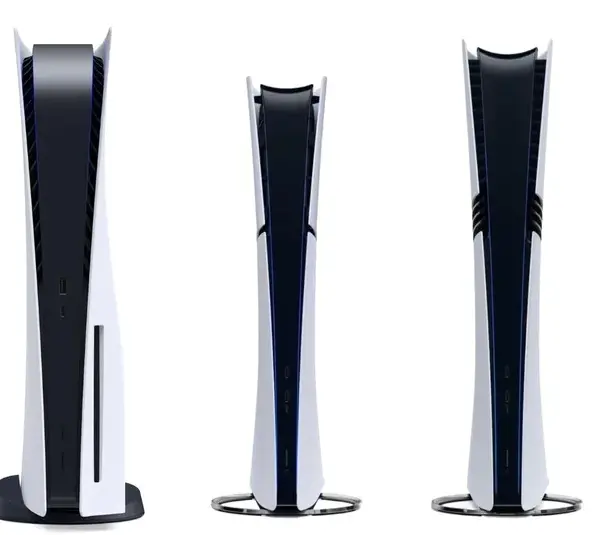 Sony PlayStation 5, PlayStation 5 Digital Edition Slim, and PlayStation 5 Pro side by side comparison. PS6