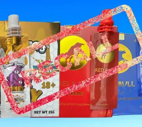 Images of Boner Bear, Red Bull and Blue Bull supplement packages with recall stamped over them