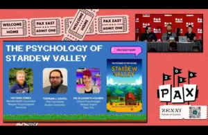 Panel discussion at PAX East 2026 on "The Psychology of Stardew Valley." Features three speakers with names and titles, alongside a book cover.