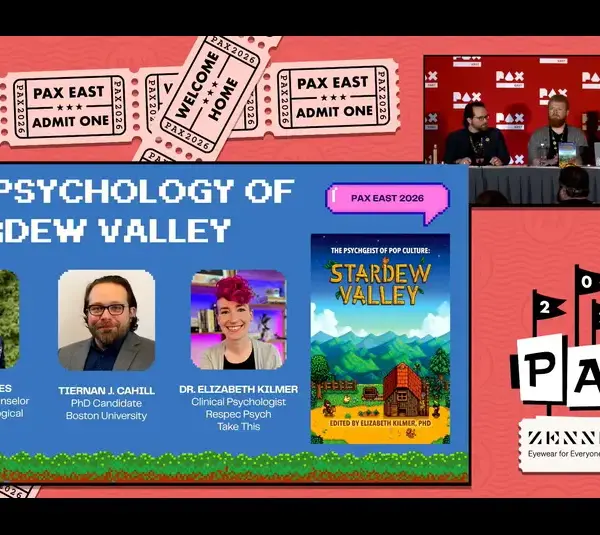 Panel discussion at PAX East 2026 on "The Psychology of Stardew Valley." Features three speakers with names and titles, alongside a book cover.