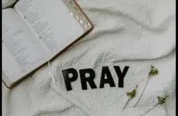In daily devotion, a Bible is ope on white cloth background.