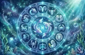 Pisces Zodiac Wheel with ethereal underwater and constellation background