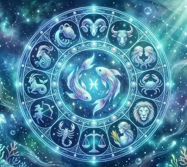 Pisces Zodiac Wheel with ethereal underwater and constellation background