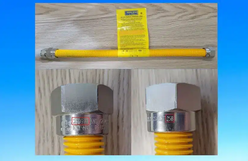 Images of DuraTrac stainless steel gas connector including detail of identifying marks