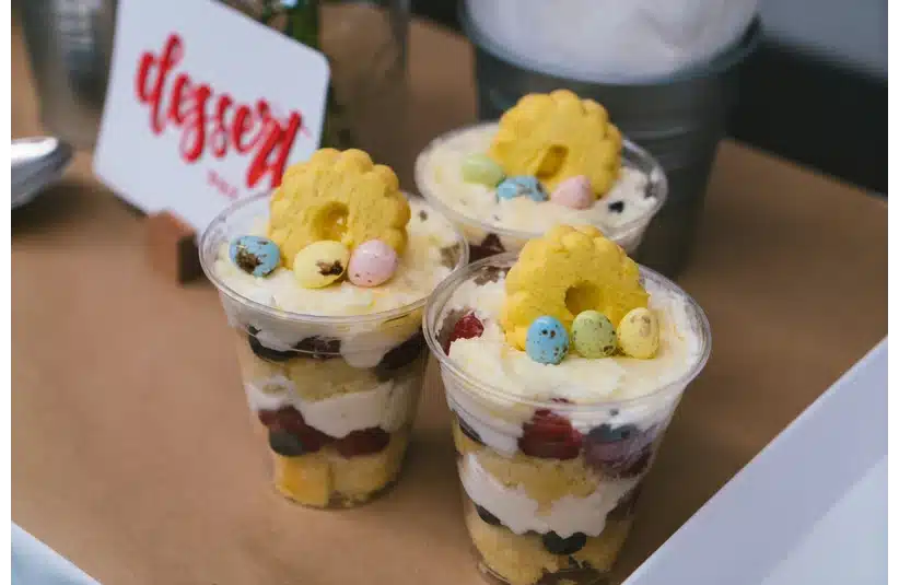 Assorted Easter-themed triffles with little eggs on top