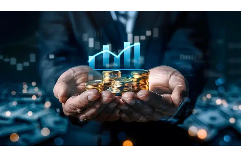 A person holding a stack of coins with digital graphs and charts overlaying the image.