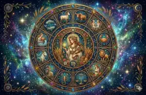 Floral Virgo Zodiac Wheel set among the stars and constellations