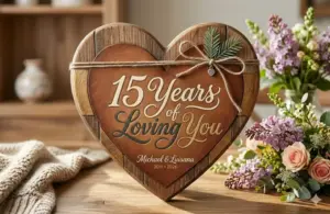 A heart-shaped wooden plaque with "15 Years of Loving You" engraved, adorned with twine and pine accents. Flowers and a cozy sweater in the background.