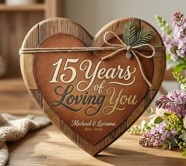 A heart-shaped wooden plaque with "15 Years of Loving You" engraved, adorned with twine and pine accents. Flowers and a cozy sweater in the background.
