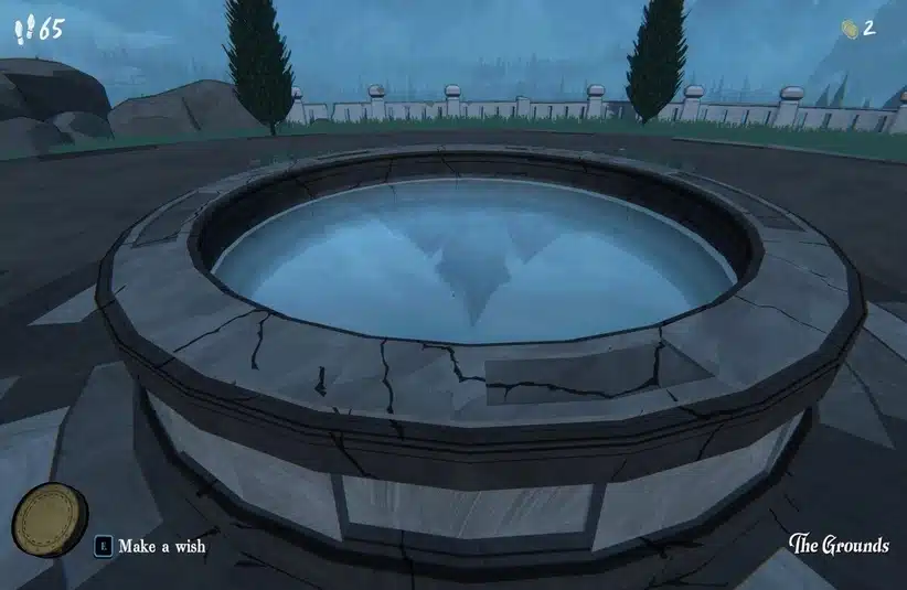 A cracked stone wishing well at the center of a circular paved area in Blue Prince, with misty mountains and trees in the background, evokes a mysterious, serene mood.