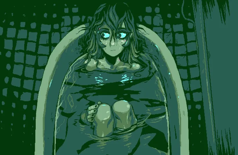 Overview shot of Fiona in the bathtub