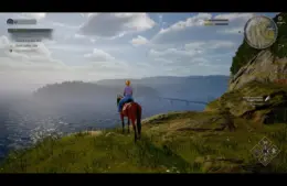 Screenshot of horse and rider looking out over a landscape in the game Equinox: Homecoming