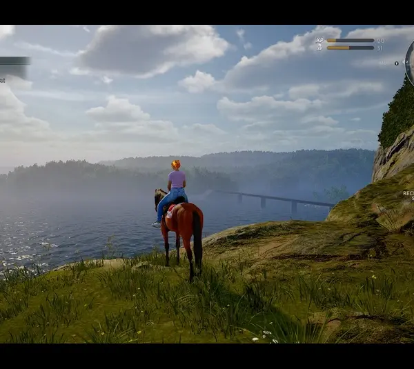 Screenshot of horse and rider looking out over a landscape in the game Equinox: Homecoming
