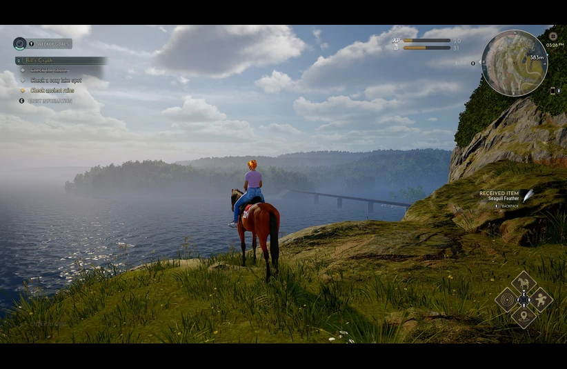 Screenshot of horse and rider looking out over a landscape in the game Equinox: Homecoming