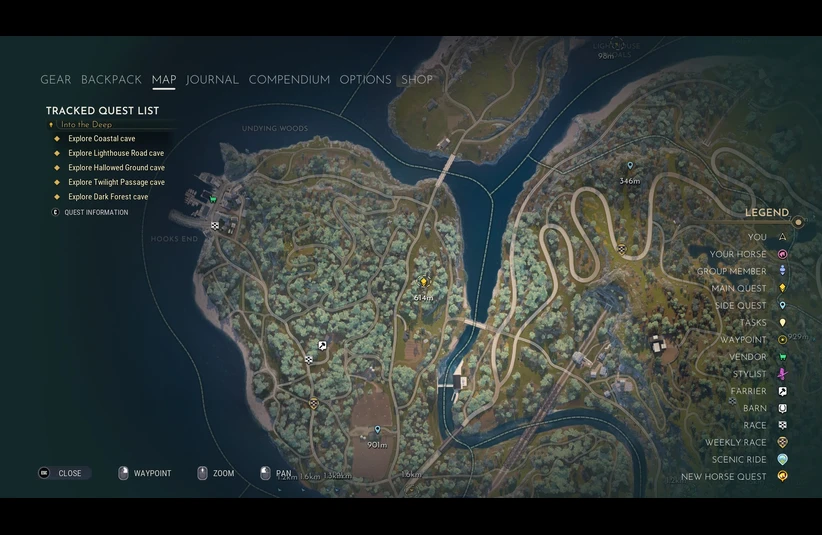 Screenshot from Equinox: Homecoming showing the map with quest markers