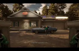 Screenshot from Before Exit: Gas Station Daylight DLC showing the strange lady and the gas station