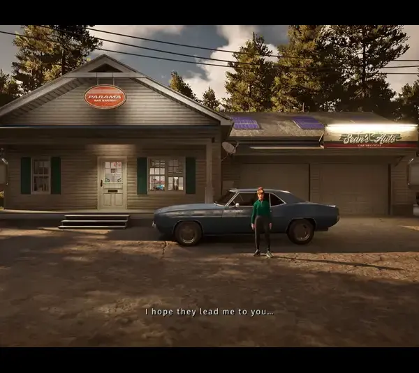 Screenshot from Before Exit: Gas Station Daylight DLC showing the strange lady and the gas station