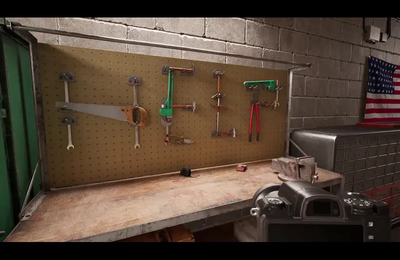 Screenshot from Before Exit: Gas Station Daylight DLC, showing HELP spelled out with tools. 