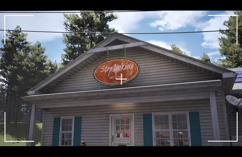 Screenshot from Before Exit: Gas Station Daylight DLC showing the gas station with a sign that says "Stop Looking"